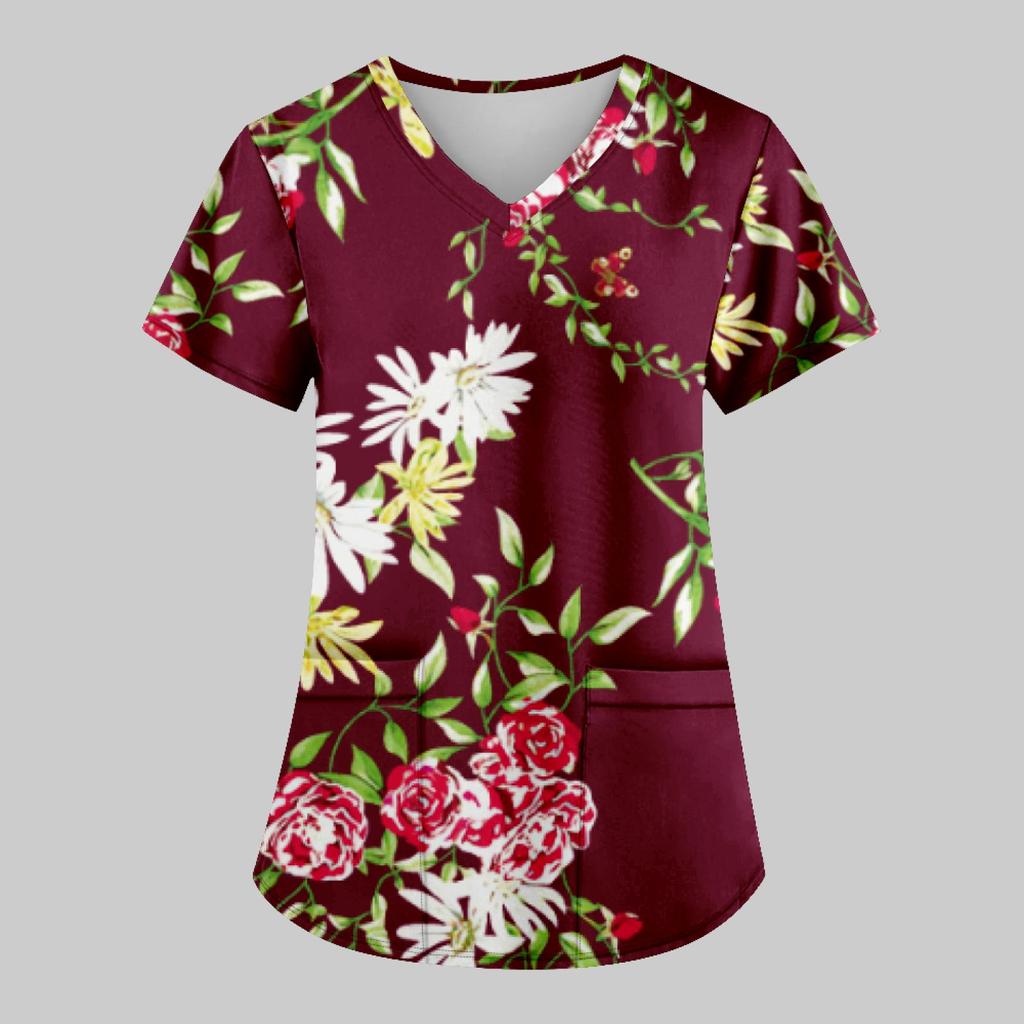 Women's Fashion Printed Work Uniform With Pocket T-Shirt Short Sleeve Top