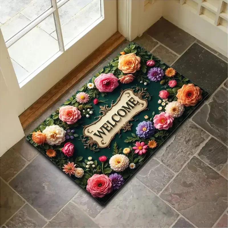 Welcome Floral Entrance Doormat Home Decor Carpet Indoor Outdoor Floor Mat Living Room Bedroom Bath Kitchen Rug