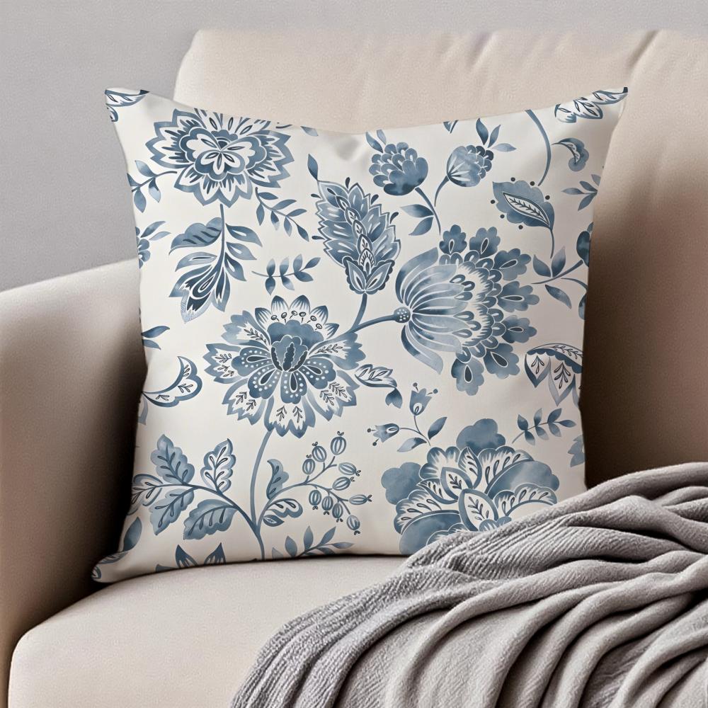 Ethnic Style Blue Floral Pattern Printing Cushion Cover Pillowcase Antidustmite Invisible Zipper Short Plush Sofa Cushion