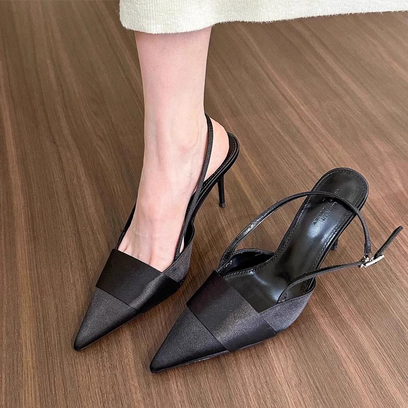 Pink Silver Satin Silk Slingback Shoes Woman Elegant Point Toe Platband Design  Pumps Ladies High Heel Evening Party Sandals