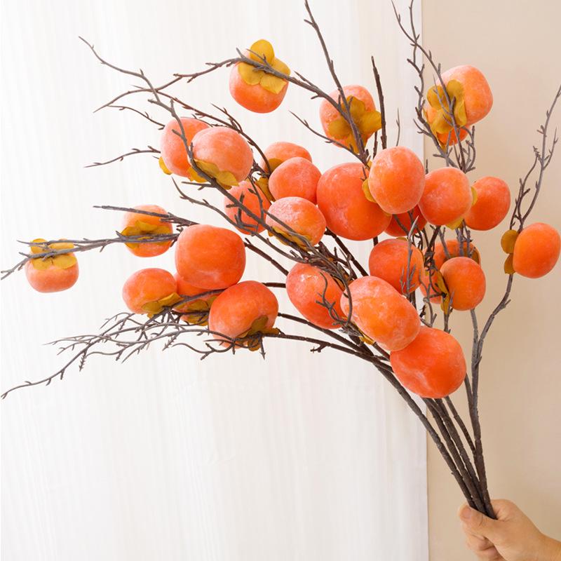Dried Flower Arrangement with Artificial Persimmon, Pomegranate, and Ruyi Branches for Living Room Decor