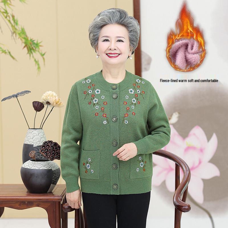 Embroidered Velvet-Enhanced Warm Cardigan for Women Aged 60-70