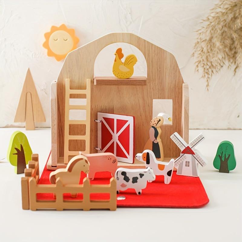 Early Education Cognitive Animal Barn Toys,Baby Educational Play House Farm Ornaments,Interesting Stacking Toys, Wooden Building Blocks Stacking