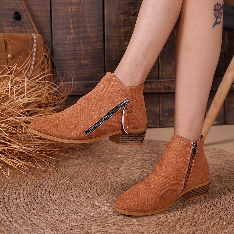 Modische Spitze Dicke Ferse Damen Stiefeletten Wildleder Seitenreißverschluss Hohe Absätze Übergroße Kurze Stiefel Einfarbige Freizeitschuhe