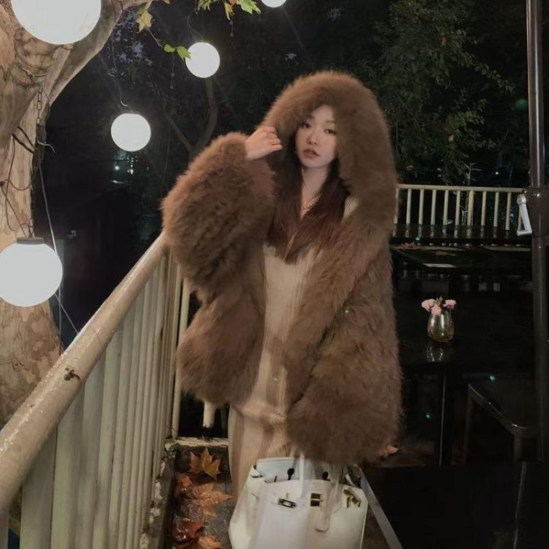 Imitation Fox Fur Women's Winter New Hooded Loose and Thin Fluff Jacket Light Trendy