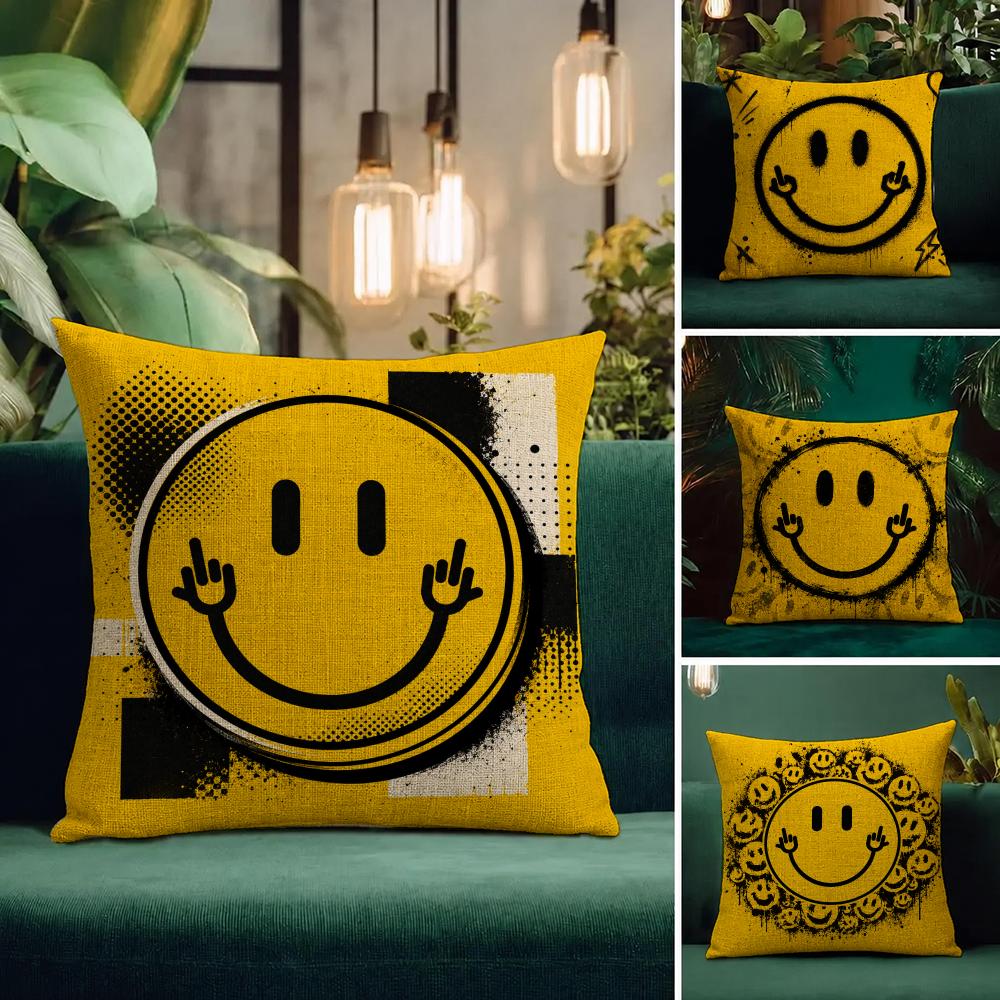 Symbol Smile Face Cushion Cover Natural Linen Pillowcase Set AllinOne Decor Cushion Cover for Sofa Bedroom Chair