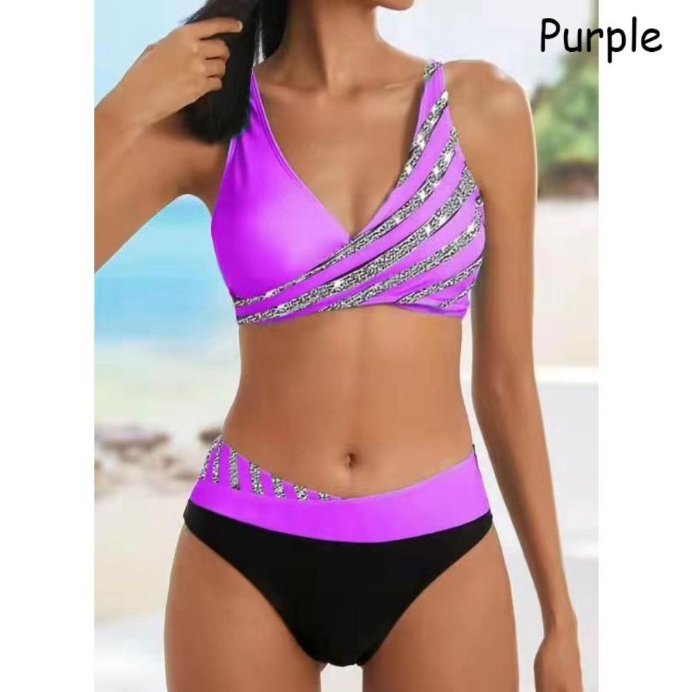 

Модный женский комплект бикини, полосатый купальник, пляжная одежда, комплекты бикини из 2 предметов XXXL фиолетовый
