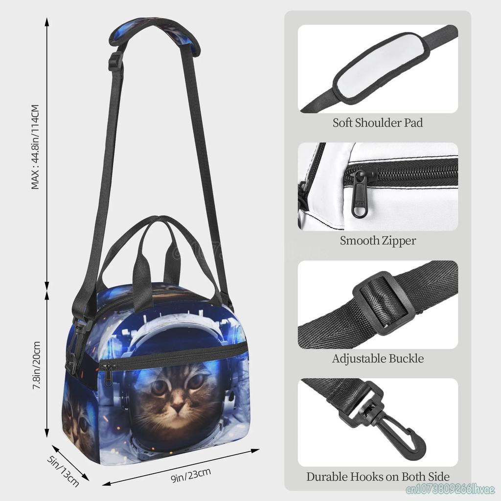 Space Cat Astronaut Lunch Box Insulated Lunch Bag Boys Cooler Tote Girls Shoulder Strap Reusable for School Picnic Travel Office
