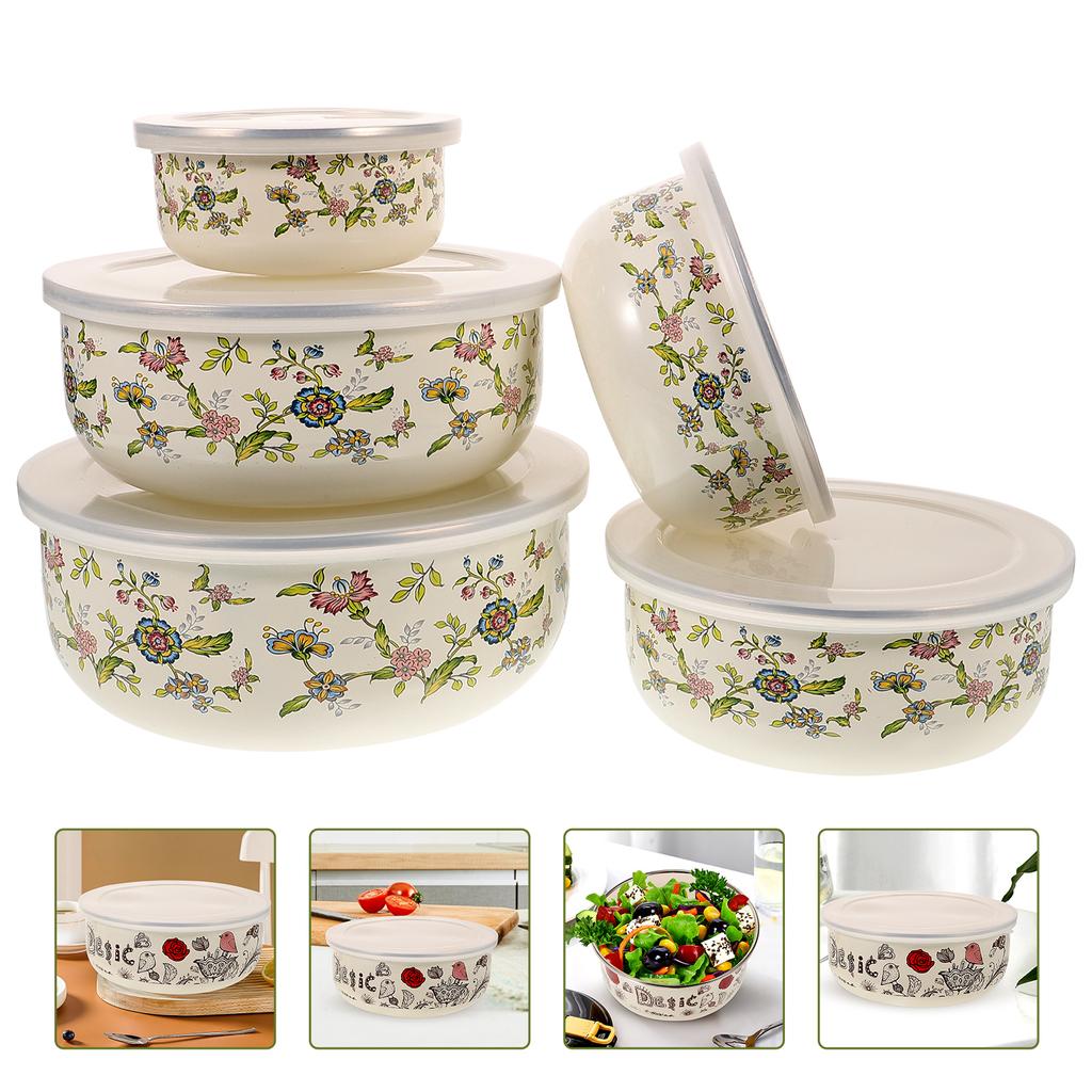 5 Pcs Fresh Fruit Bowl Metal Bowls with Lids Microwavable Mixing Salad Enamel for Baking Enamelware Popcorn