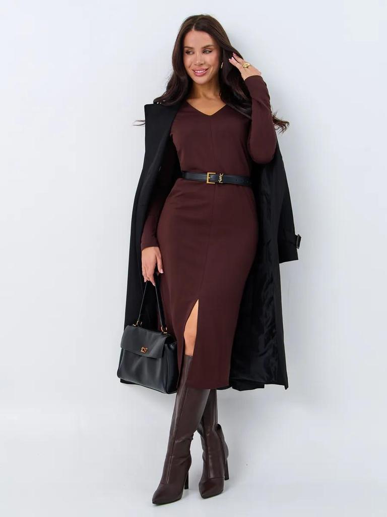 European & American Women's V-Neck Slim Fit Long Sleeve Midi Dress