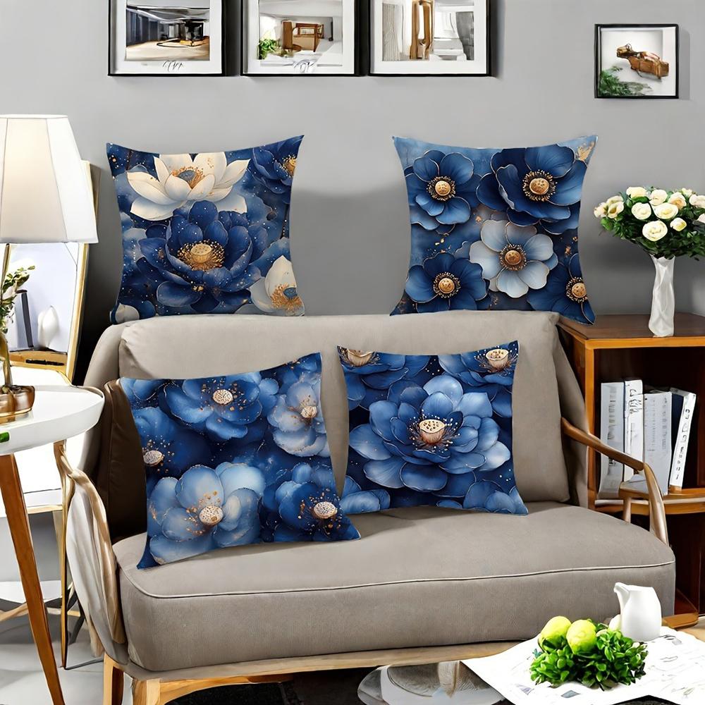 Elegant Floral Pillowcase With Blue And White Lotus Designbedroom Sofa Decorative Cushion Cover With Zipper Soft Cushion Cover