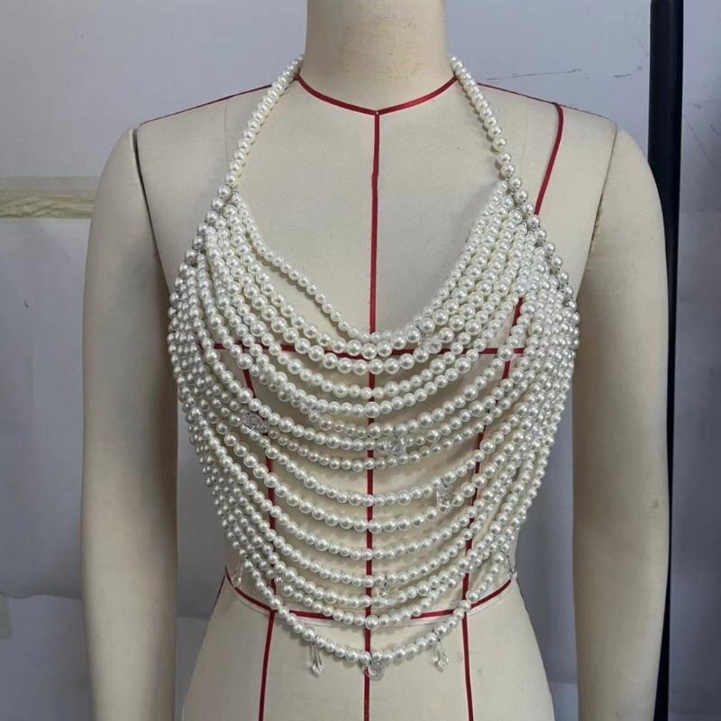 Adjustable Pearls Body Jewelry Body Chain Decoration for Trendy Women Strapless Dresses and Casual Stylish Outfits