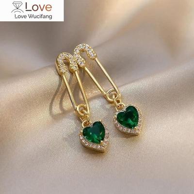 Real Gold Plating French Elegant Paper Clip Green Zircon Love Pendant Earrings Luxury Women's Wedding Party Accessories