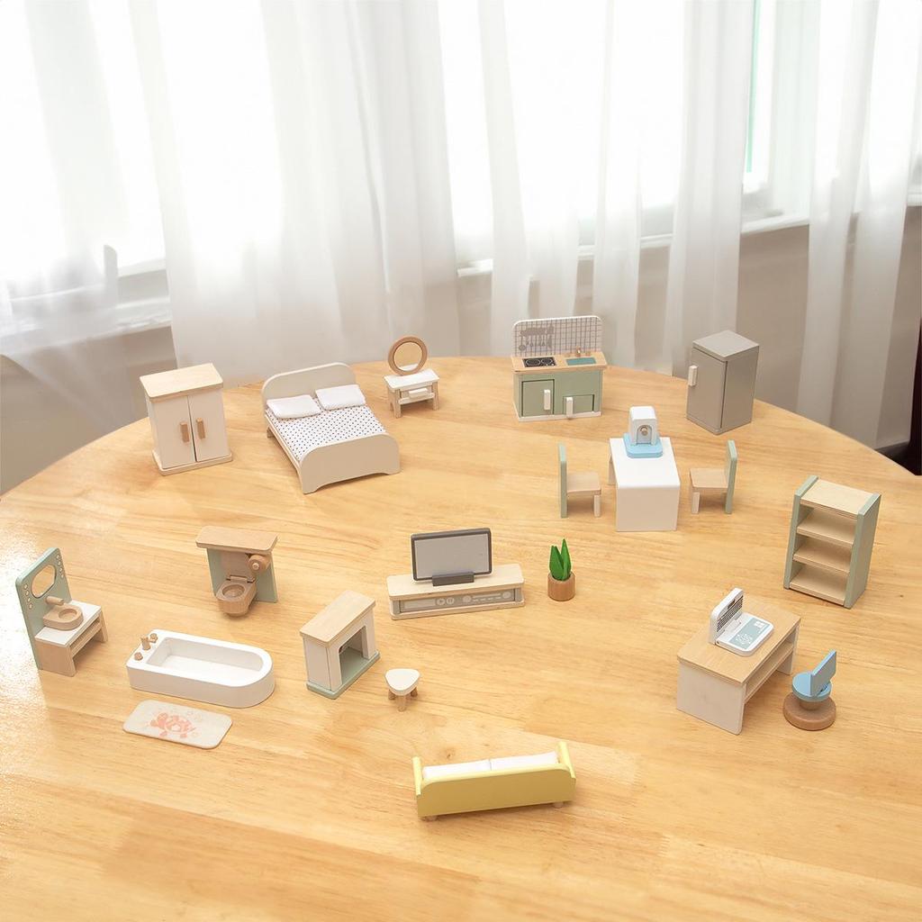 Mini Wooden Dollhouse Furniture Set for Kids: Kitchen, Bedroom, Bathroom Play Accessories