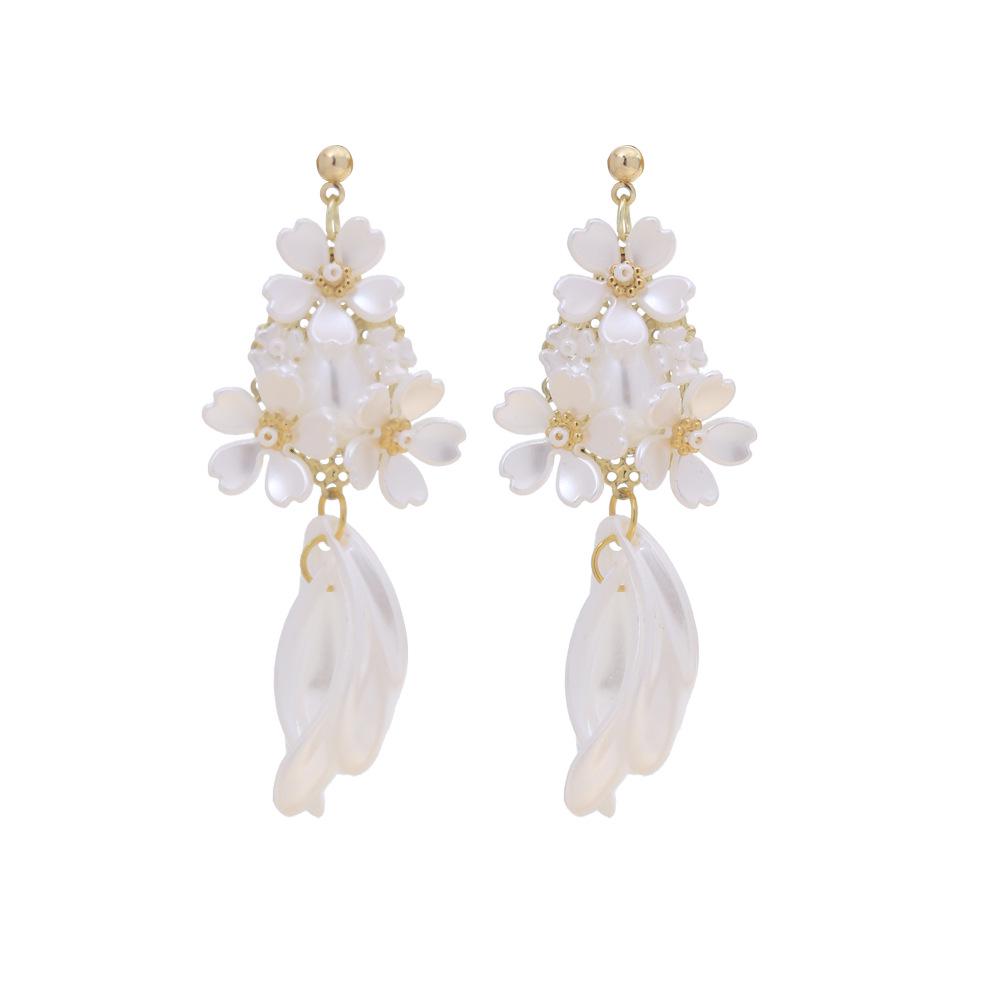 White Flower Faux Pearl Dangle Earrings for Women - Elegant Bridal Accessories