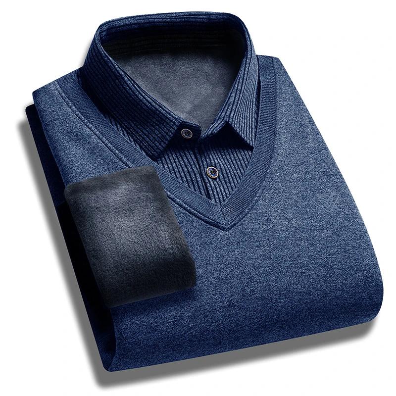 Høst- og vinter ny kolleksjon med fleece falsk todelt langermet poloskjorte for menn moteriktig og avslappet allsidig topp