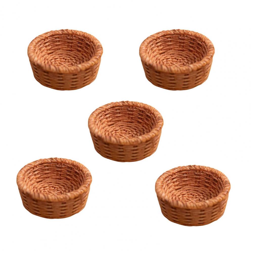 Miniature Decorative Basket Resin Mini Basket 5 Pcs Fairy Garden Micro Mini Resin Rattan Baskets Dollhouse Woven Basket Decor