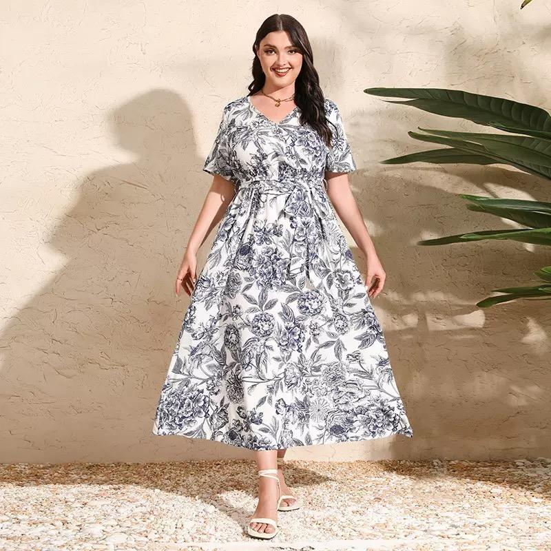 Plus Size V Neck Floral Print Boho Dress Women Summer Short Sleeve Maxi Dresses Holiday A-line Female Belted Dress
