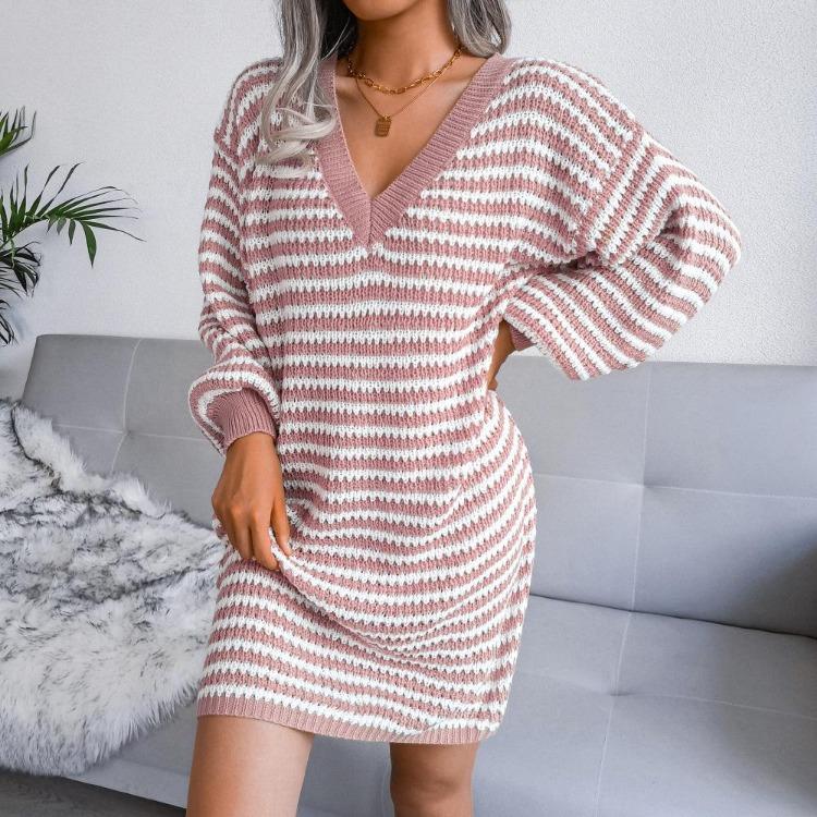V Neck Women Loose Hollow Out Long Sleeve Knitted Dress Autumn Winter Stripe Woolen S
