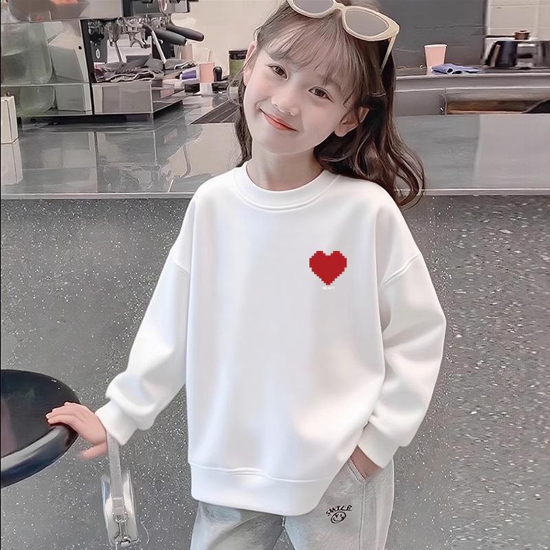 Girls' White Cotton Long-Sleeve Sweatshirt - Loose, Versatile Print Top for Spring/Autumn