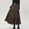 Mittellange Röcke Damen Samtrock Herbst Winter Koreanisch Vintage Elastischer Bund High-Low Rüschen Faltenröcke