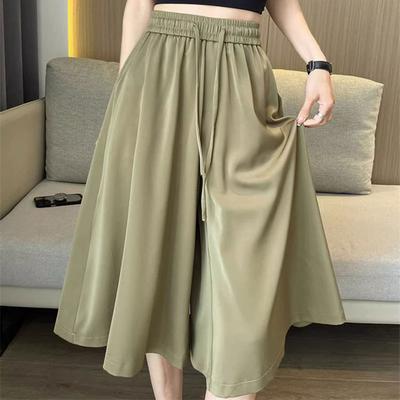 Women's Wide Leg Capri Pants High Waist Solid Color Summer Thin Elastic Fashion Drawstring Casual Pockets Spliced
