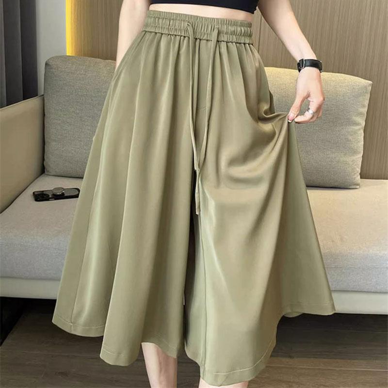 Women's Wide Leg Capri Pants High Waist Solid Color Summer Thin Elastic Fashion Drawstring Casual Pockets Spliced