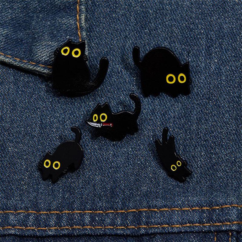 Cartoon Black Kitten Brooch Enamel Pins Funny Cute Cat Brooches Sweater Lapel Badges Backpack Pin Jewelry Gift For Kids Friends
