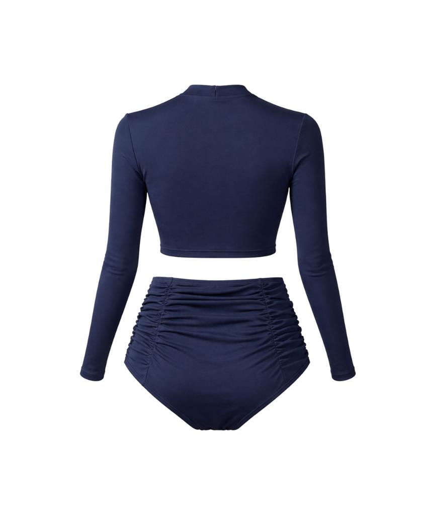 VIKINI VENDER Luan Shirred Long Sleeve High-Waisted Bikini - Navy