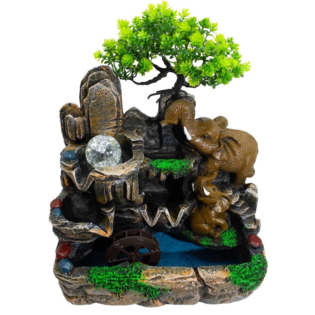 Elephants In Love Tabletop Water Feature with Crystal Ball, Light & Watermill (30x20x35cm)
