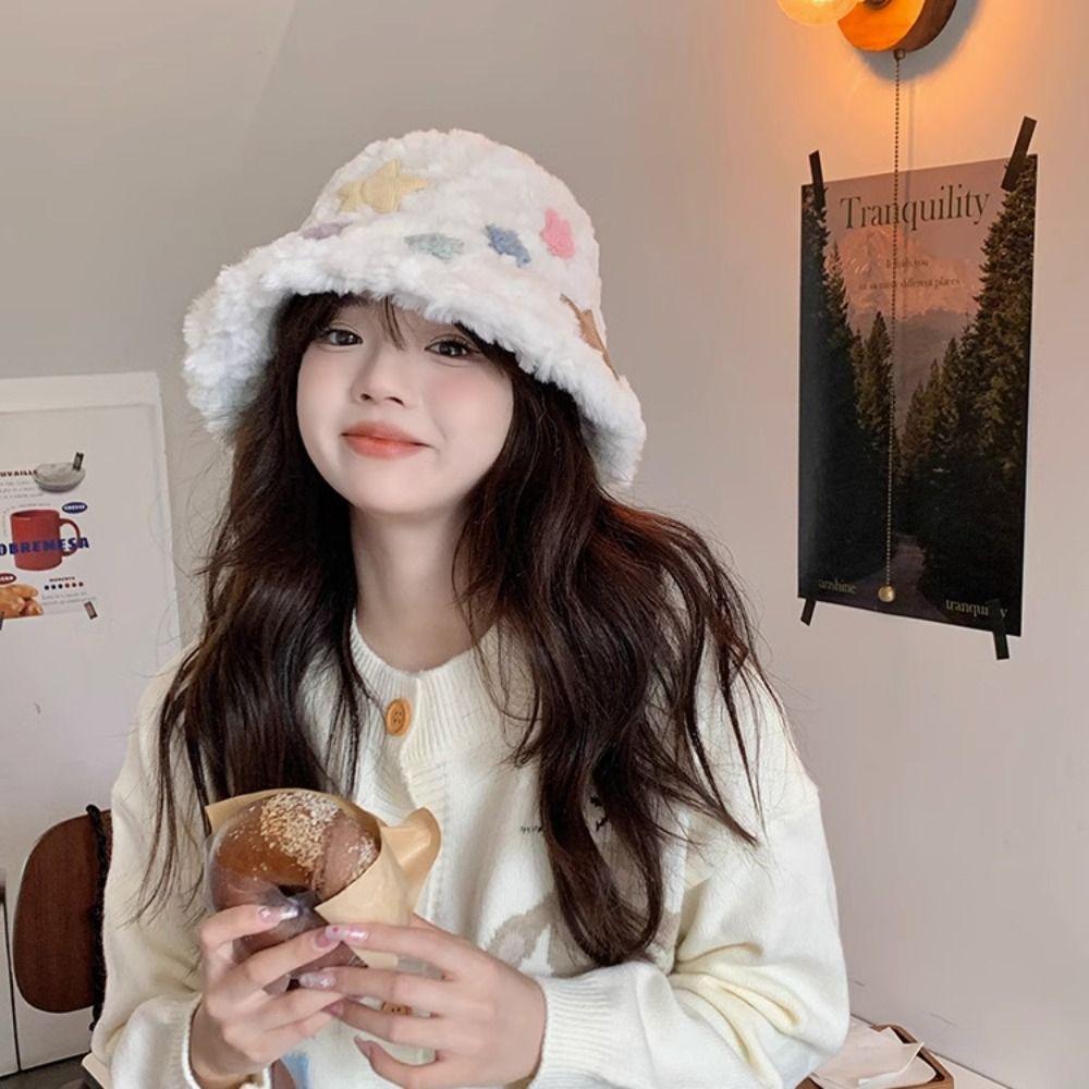 Star Plush Fisherman Hat Casual Bucket Hat Female Foldable Panama Hat Autumn and Winter Cute Warm Ear Protection Hat