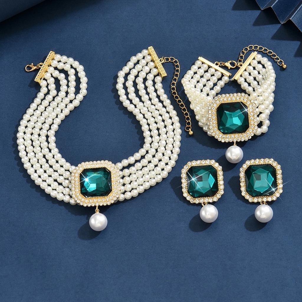 Luxurious Multi-Layer Imitation Pearl Geometric Crystal Full Diamond Colored Pearl Three-Piece Set Of Fashion Exaggerated Accessories