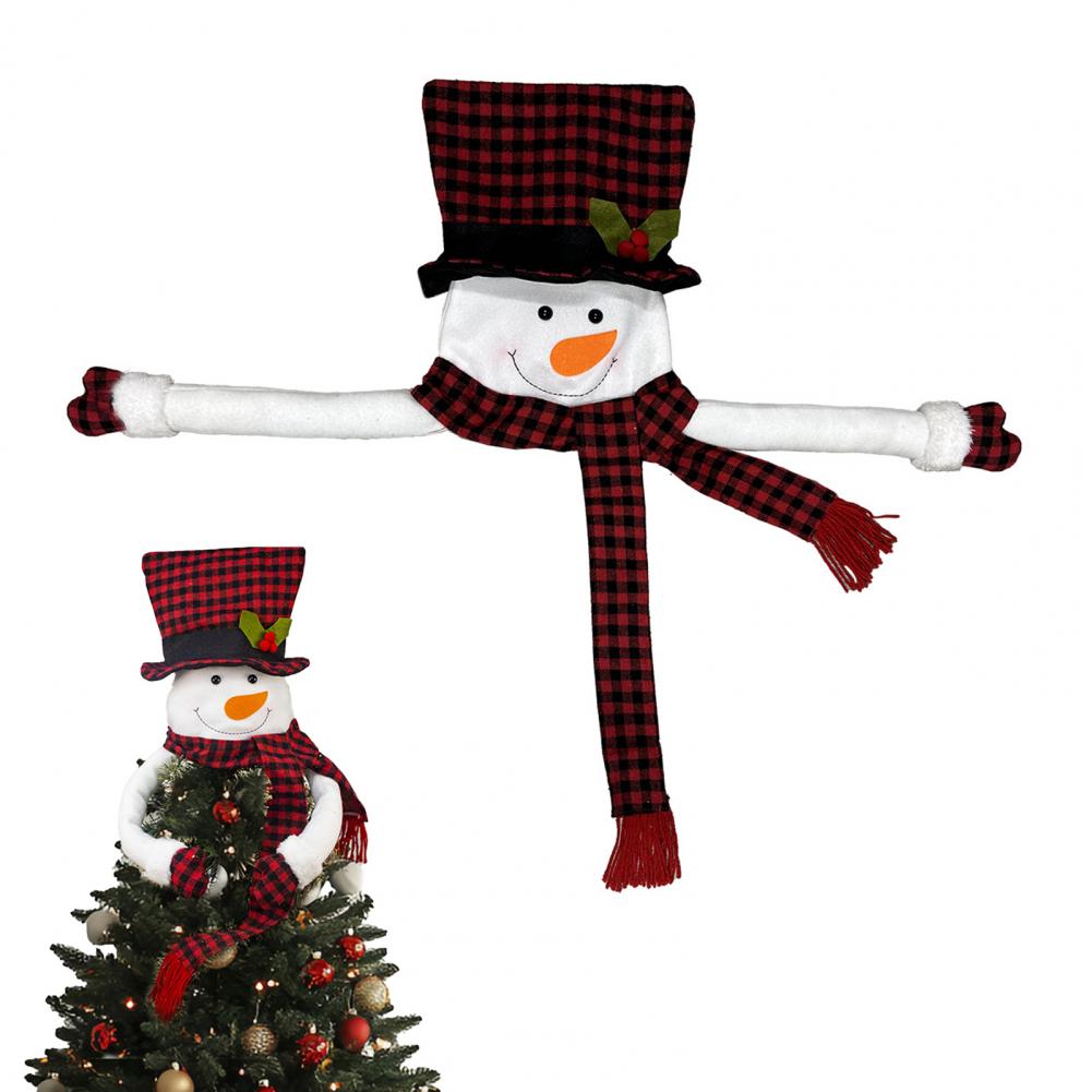 Christmas Tree Topper Plush Snowman Tree Topper with Black Plaid Top Hat Scarf Xmas Tree Ornament for Holiday Winter Home Decor