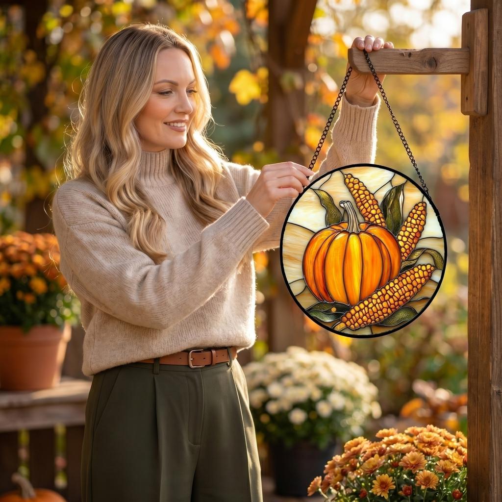 Round Stained Glass Hanging Ornament with Pumpkin and Corn Design for Window Decoration Indoor Outdoor Use