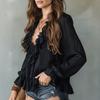Women's V-Neck Ruffle Blouse Long Sleeve Casual Loose Fit Color Top