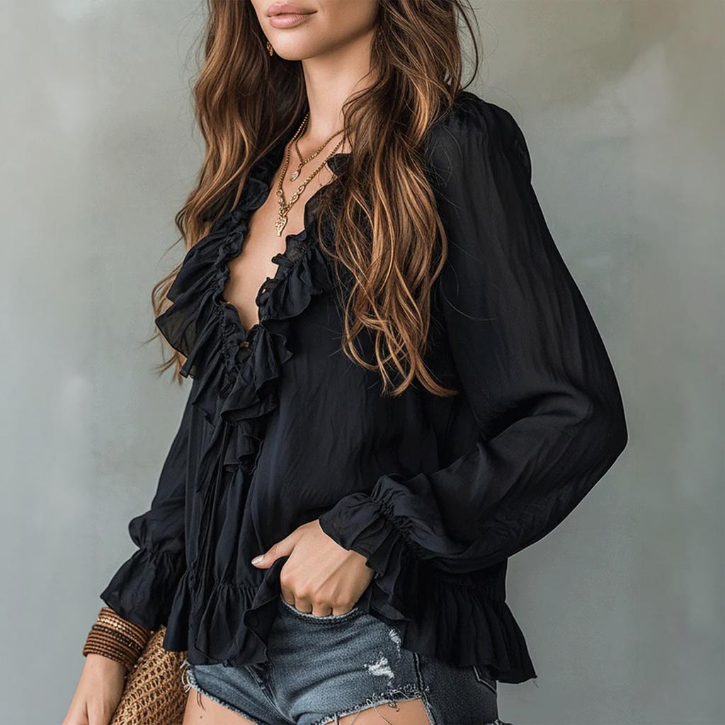 Women's V-Neck Ruffle Blouse Long Sleeve Casual Loose Fit Color Top