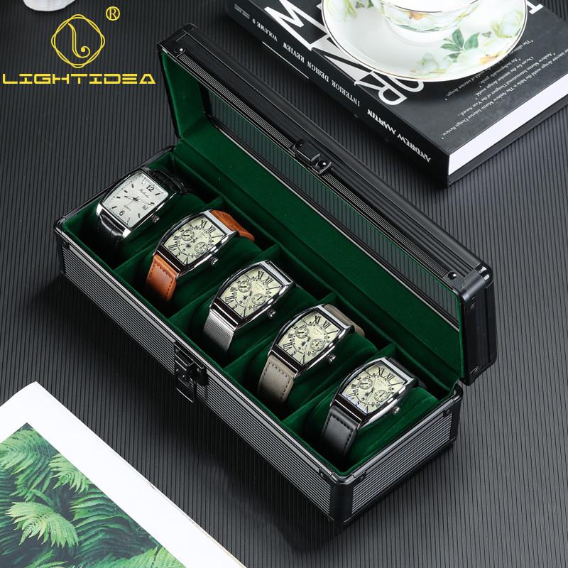 Aluminum Alloy Watch Box with Transparent Lid, 5 Slots, Multiple Colors