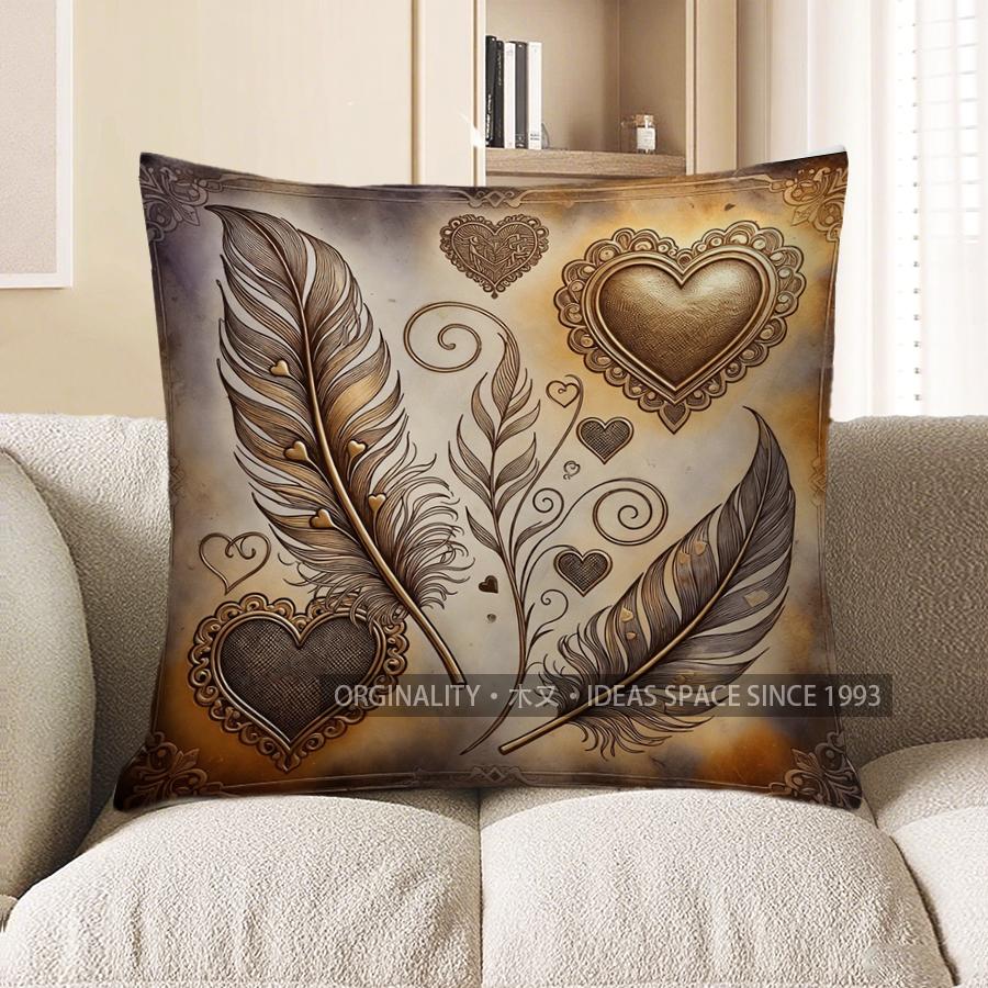 2D Feathers & Hearts Decorative Pillow Covers Pattern Cushion Cover Suitable For Sofa Bedroom Car Pillow Cover