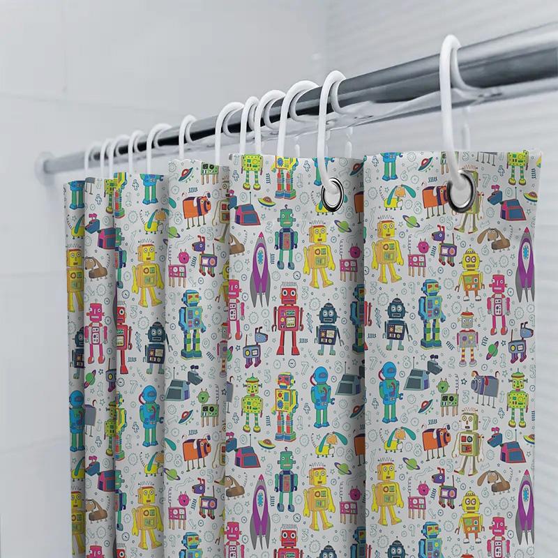 Cute Robot Shower Curtain Funny Space Kids Bathroom Decor Set Waterproof Fabric Modern Pattern Washable Home Textile