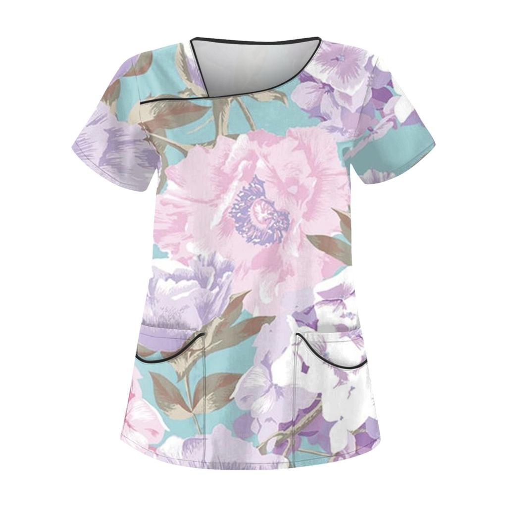 Women's Casual Printed Short Sleeve Workwear With Double Pocket Top