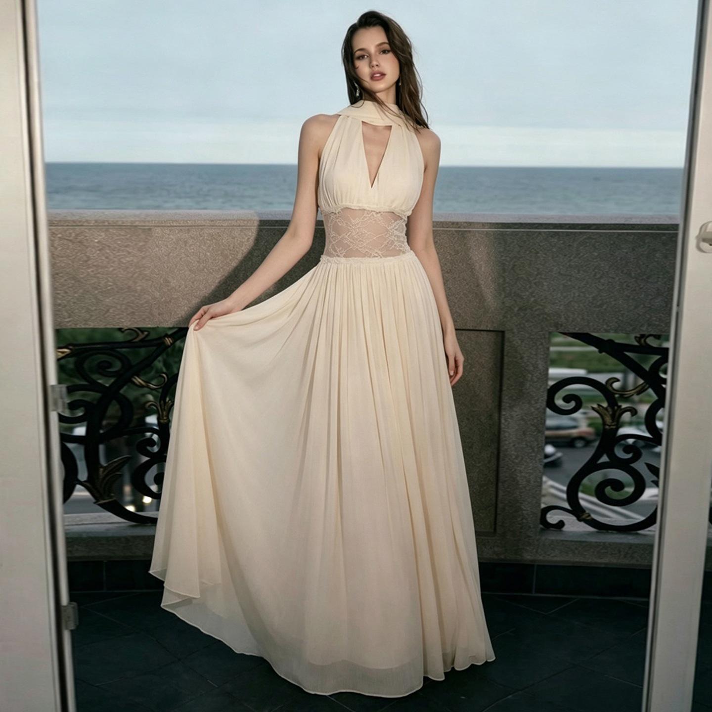 2026 European and American Fashion Casual Waist-Cinching Chiffon Elegant V-neck Waist-Cinching Design Dress for Women S