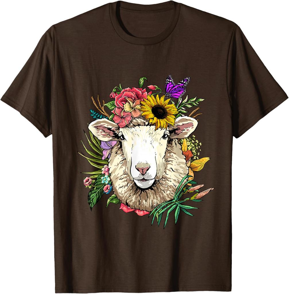 Blumen Schafskopf Kranz T-Shirt Tierliebhaber Bauernhof Grafik T-Shirt Frühling Sommer Freizeit