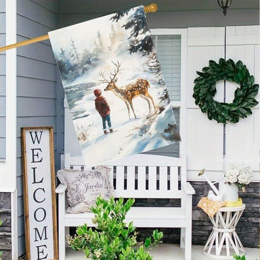 Winter Welcome Garden Flag - Double-Sided Polyester Flag, Outdoor Seasonal Decoration, Charming Deer & Boy Design, Electricity-Free Lawn Decor - 1 Pi