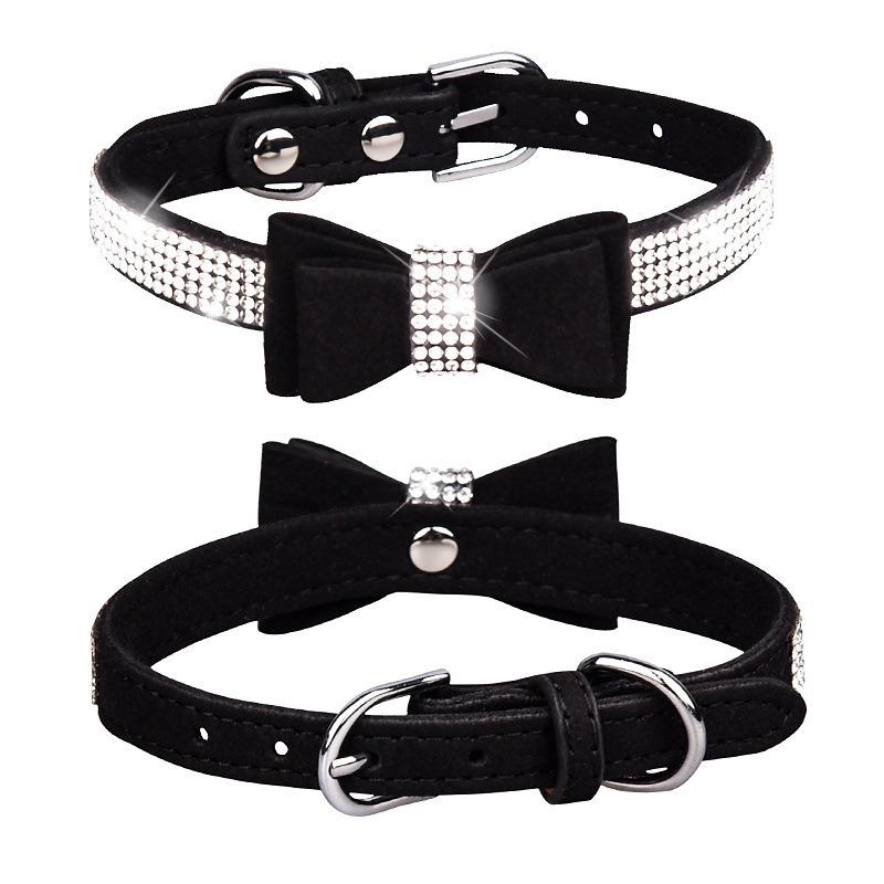 Pet collar shiny rhinestone bow dog collar leash set microfiber metal buckle pet collar XXS