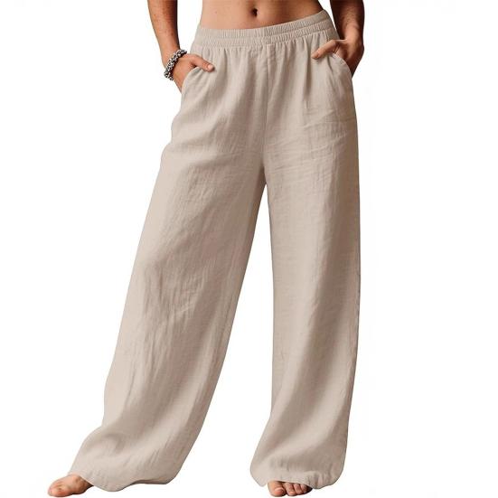 Damen Hose Hohe Taille Gerade Weiter Bein Lange Hose mit Elastischem Bund Tiefe Taschen Knitterarm Casual Hose