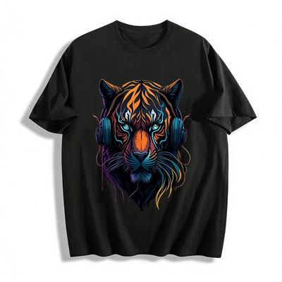 Cool Tiger With Headphones Graphic Trendy Streetwear Casual Tee Pure Cotton T-shirt