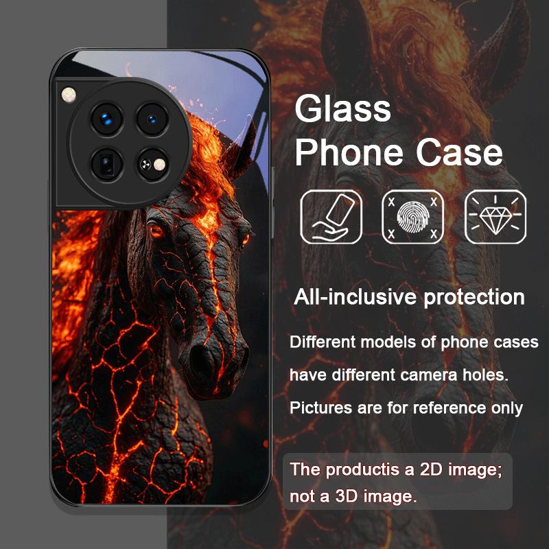 Creative Flame Black Horse Pattern Tempered Glass Phone Case for OnePlus 13R 12 11 10 Pro ACE2 ACE3 Nord CE4 CE3 CE2 Lite Cover