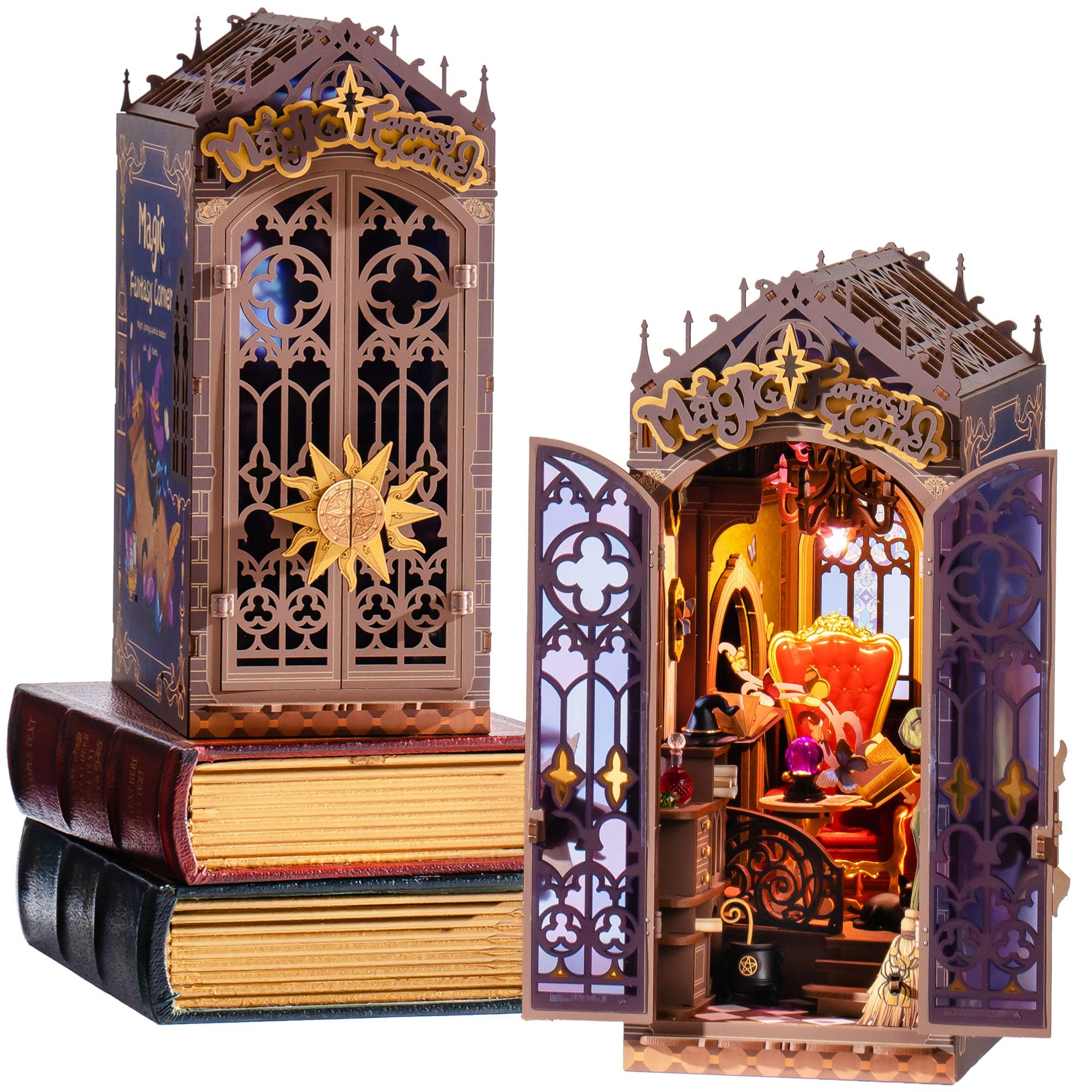 Rolife DIY Book Nook Magical House Cat 3D Puzzle Miniature House Kit with Bookends, Book Stand, LED Bookshelf Decor, Handmade Kit, Assembly Required,