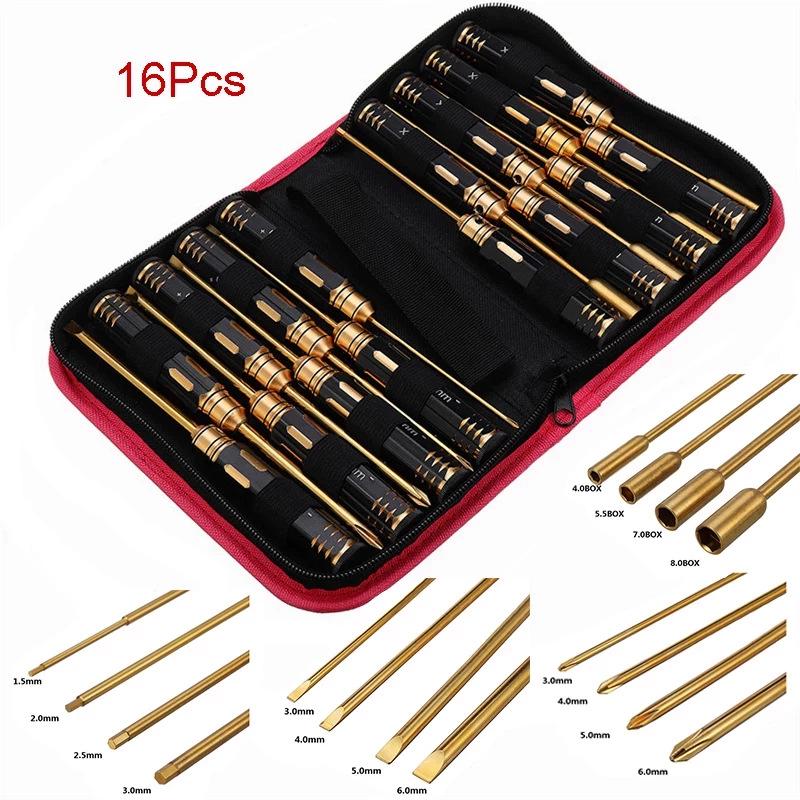 16-teiliges Titan-Gold-Sechskant-Steckschlüssel- und Schraubendreher-Reparaturset für Modellflugzeuge und Autos