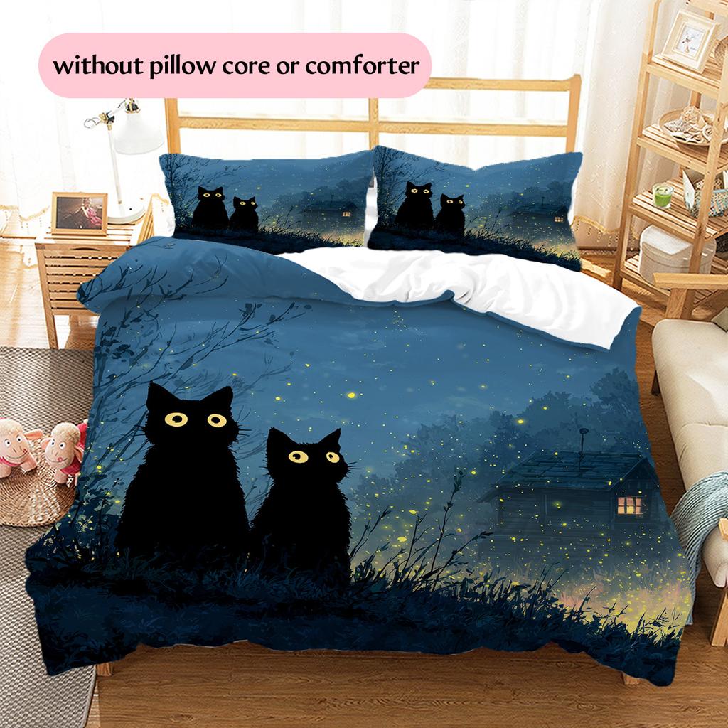 Black Cat at Night Pattern Bedding Quilt Set  Home Decoration  Gift (1 * duvet cover + 2 * pillowcase  without core)